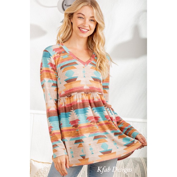 ❤️LAST 2! V Neck Ruffle Detail Aztec Print Top! - Picture 2 of 11